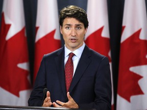 Prime Minister Justin Trudeau speaks at a press conference in Ottawa on Thursday, May 31, 2018. Canada is imposing dollar-for-dollar tariff "countermeasures" on up to $16.6 billion worth of U.S. imports in response to the American decision to make good on its threat of similar tariffs against Canadian-made steel and aluminum.