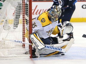 Nashville Predators goalie Pekka Rinne makes a save against the Winnipeg Jets during the second round of the Stanley Cup Playoffs. (Jason Halstead/Getty Images)