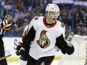 Senators left wing Magnus Paajarvi, (56) of Sweden, celebrates after scoring against the Tampa Bay Lightning during the first period of an NHL hockey game Tuesday, March 13, 2018, in Tampa, Fla.