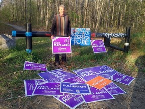 Trillium candidate Jack MacLaren with a cache of allegedly stolen signs.