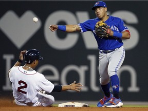 Boston Red Sox's Xander Bogaerts (2) is forced out at second base by Toronto Blue Jays' Yangervis Solarte Tuesday, May 29, 2018, in Boston. (AP Photo/Michael Dwyer)