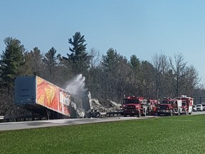 A tractor trailer on fire on Highway 401 near Mallorytown.