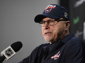 Washington Capitals' head coach Barry Trotz talks to the media at an NHL hockey practice, Thursday, May 10, 2018, in Arlington, Va.