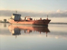 The Prescott Anchor was the first to report that the Chem Norma, an oil/chemical tanker flagged by the Marshall Islands and bound for Sarnia, was grounded west of Morrisburg Beach, about 80 kilometres south of Ottawa.  (Source: Joshua Andre from Facebook)