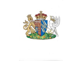 This generated image made available Friday, May 25, 2018 by Kensington Palace shows the newly created coat of arms of Meghan Duchess of Sussex. Mehgan Markle and Prince Harry married on Saturday, May 19, and are now known as The Duke and Duchess of Sussex.