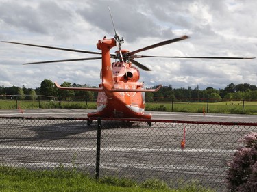 An air ambulance takes off from the Ottawa Hospital Civic Campus on Monday, June 4, 2018.   (Patrick Doyle)  ORG XMIT: 0605 air ambulance 01

401 bus crash near Prescott June 4, 2018.
