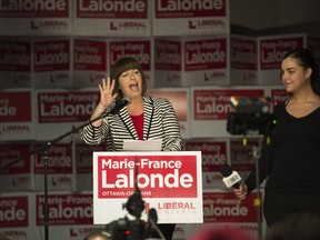 Marie-France Lalonde, Liberal candidate for Orléans, speaks to her supporters after winning the Provincial election at Movement d'Implication Francophone d'Orleans on Thursday, June 7, 2018.