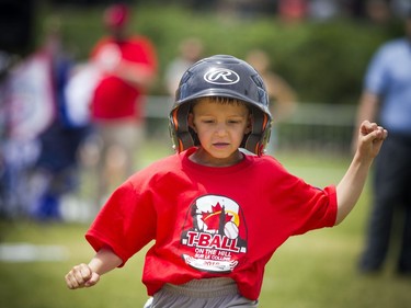 National Little League week kicked off with two teams coming together for a game of T-Ball on the lawn of Parliament Hill Sunday June 10, 2018. Zachary Brassard makes a run to first base during the game Sunday afternoon.   Ashley Fraser/Postmedia