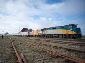 A VIA Rail train sits idle at the train station in Churchill, Man., on June 22, 2017.