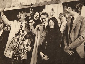 WASHINTON: The six American diplomats, smuggled out of Iran by the Canadian Embassy in Tehran earlier this week, are all smiles as they meet the media on their arrival at the State Dekpt 2/1. L2R are: Robert G. Anders, Port Charlotte, Fla; Kathleen and Joseph Stafford, Crossville, Tenn; Cora and Mark Lijek, Falls Church, Va.; and Henry Lee Schatz, Coeur D'Alene, Idaho. UPI asp/Heikes.
