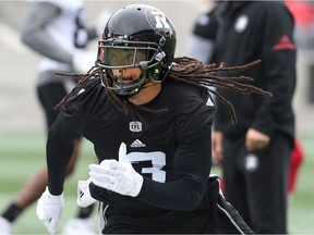 Defensive back Rico Murray runs out a drill during a Redblacks practice at TD Place stadium last Thursday.