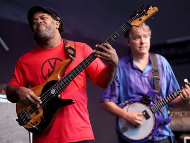 Bassist Victor Wooten (left) and Banjo player Béla Fleck perform with Béla Fleck and the Flecktones  at Jazzfest Thursday (June 28, 2018) on the main stage outside Ottawa City Hall.  Julie Oliver/PostmediaBéla Fleck and the Flecktones performed at Jazzfest Thursday (June 28, 2018) on the main stage outside Ottawa City Hall.  Julie Oliver/Postmedia