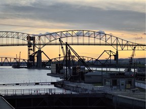 The Sault Ste. Marie locks at sunset, as seen from the observation platform.