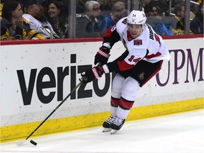 Alex Burrows skates with the puck during the Senators road game against the Penguins in Pittsburgh on  April 6.