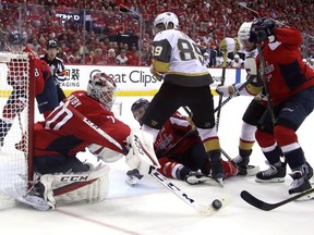 Braden Holtby #70 of the Washington Capitals stops a shot against the Vegas Golden Knights during the second period in Game Four of the 2018 NHL Stanley Cup Final at Capital One Arena on June 4, 2018 in Washington, DC.