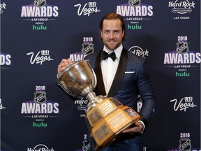 LAS VEGAS, NV - JUNE 20:  Victor Hedman of the Tampa Bay Lightning poses with the James Norris Memorial Trophy given to the top defenseman in the press room at the 2018 NHL Awards presented by Hulu at the Hard Rock Hotel & Casino on June 20, 2018 in Las Vegas, Nevada.