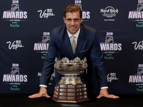 LAS VEGAS, NV - JUNE 20:  Anze Kopitar of the Los Angeles Kings poses with the Frank J. Selke trophy given to the top defensive forward in the press room at the 2018 NHL Awards presented by Hulu at the Hard Rock Hotel & Casino on June 20, 2018 in Las Vegas, Nevada.