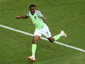 Ahmed Musa celebrates after scoring Nigeria's first goal during the 2018 FIFA World Cup Russia Group D match against Iceland at Volgograd on Friday.