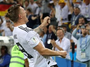 Toni Kroos of Germany celebrates scoring his sides winning goal during the 2018 FIFA World Cup Russia group F match between Germany and Sweden at Fisht Stadium on June 23, 2018 in Sochi, Russia.