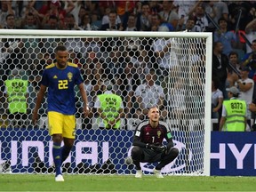 Swedish goalkeeper Robin Olsen reacts after Germany scores the winning goal during their Group F match at Sochi on Saturday.