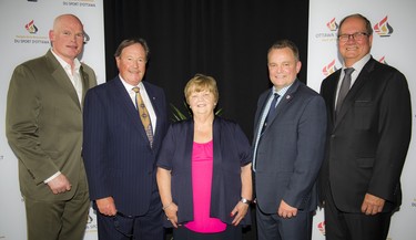 From left, 2018 Ottawa Sport Hall of Fame inductees Jim Kyte, Jim Durrell, Betty Shields, Steve Gray and Jeff Avery.