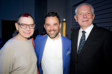 From left, Lilly Koltun, a board member of the Ottawa Art Gallery; Michael Mancini, the emcee for the evening; and Peter Honeywell, executive director of the Ottawa Arts Council.