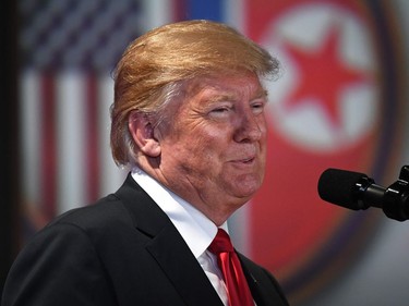 US President Donald Trump speaks at a press conference following the historic US-North Korea summit in Singapore on June 12, 2018. Donald Trump and Kim Jong Un hailed their historic summit on June 12 as a breakthrough in relations between Cold War foes, but the agreement they produced was short on details about the key issue of Pyongyang's nuclear weapons.