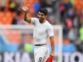 Uruguay's Luis Suarez waves at the end of the Russia 2018 World Cup Group A against Egypt in Ekaterinburg on Friday.