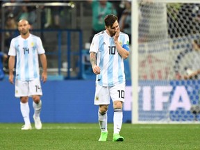 Argentina forward Lionel Messi (10) reacts after Croatia scores its third goal during the Russia 2018 World Cup Group D match at Nizhny Novgorod on Thursday.