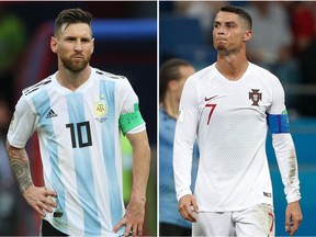 This combination of two pictures, shows Argentina's forward Lionel Messi, left, in Kazan and Portugal's Cristiano Ronaldo in Sochi. both on Saturday.