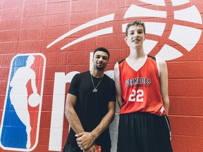 Denver Nuggets guard Jamal Murray, left, poses for a photo with Olivier Rioux, 12, in St. Catharines, Ont., in this recent handout photo. A grinning Denver Nuggets guard Jamal Murray posed for a selfie at last weekend's regional finals for the Jr. NBA world championship in St. Catharines, Ont., with a 12-year-old boy. Murray requested the selfie, not the other way around. Why? Because standing a sky-high six-foot-10, Olivier Rioux towers over the Canadian NBA player by seven inches.