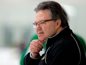 Kelly McCrimmon leads a Brandon Wheat Kings practice in Edmonton on March 29, 2016