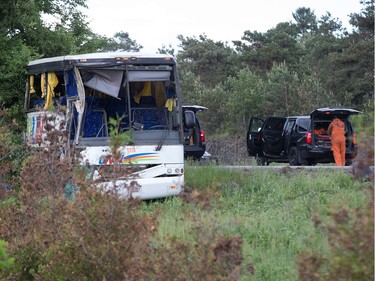 The bus involved in the crash on the 401 west of Prescott. Photo by Wayne Cuddington/ Postmedia