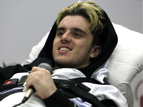 Ryan Straschnitzki smiles as he speaks to reporters at Shriners Hospitals for Children, Thursday May 31, 2018 in Philadelphia. Straschnitzki, a young hockey player who was paralyzed in the Humboldt Broncos bus crash in Canada arrived Thursday in Philadelphia for specialized spinal treatment. The 19-year-old was paralyzed from the chest down when a bus carrying the Saskatchewan junior hockey team was in a collision with a semi-trailer on a rural highway April 6.