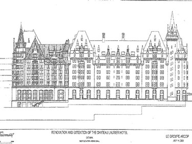 In 2000, the council of the former city of Ottawa voted in favour of an expansion design for the Château Laurier, which isn't under the same ownership as it is today. The owner at the time didn't go through with the project, which would have mimicked the existing hotel. Source: Handout photo