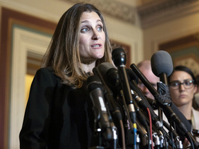 Canadian Foreign Minister Chrystia Freeland speaks to reporters after meeting with members of The Senate Foreign Relations Committee in the U.S. Capitol on June 13, 2018 in Washington, DC.