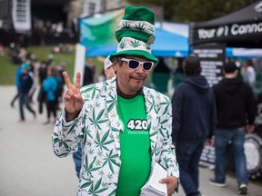 A man sporting a jacket and hat bearing images of marijuana gestures during the 4-20 annual marijuana celebration, in Vancouver, B.C., on Friday April 20, 2018. An amendment to the Cannabis Act/Bill C-45 recently passed by the Senate that would prohibit the use of cannabis brand elements on promotional items that are not cannabis or cannabis accessories.