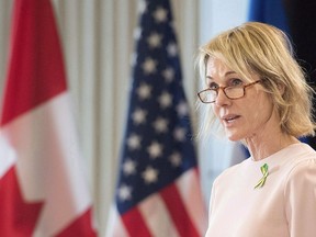 Kelly Craft, United States Ambassador to Canada, speaks to the Montreal Council on Foreign Relations in Montreal, Tuesday, April 17, 2018. The U.S. Embassy in Ottawa called police yesterday after receiving an envelope containing a suspicious white powder that was addressed to Ambassador Craft.