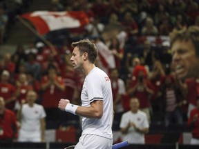 Team Canada's Daniel Nestor celebrates a point against a Team India during Davis Cup doubles tennis in Edmonton on September 16, 2017. Canadian tennis veteran Daniel Nestor has no regrets about his decision to retire later this year. The 45-year-old from Toronto, who announced his retirement plans last year, has struggled in his final campaign on the ATP World Tour. First-round exits have become the norm for the former top-ranked doubles player, who's planning to call it quits in September.