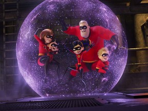 This image released by Disney Pixar shows a scene from "Incredibles 2." Cineplex theatres showing "Incredibles 2" have posted health-related warnings to moviegoers about Disney's animated feature, which opened on the weekend.