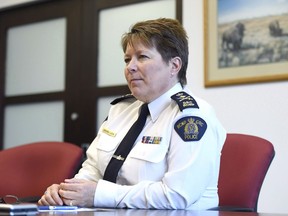 RCMP Commissioner Brenda Lucki sits for an interview in Ottawa on Friday, May 4, 2018. The head of Canada's national police force says that she doesn't think the force will get to 50 per cent gender equity.