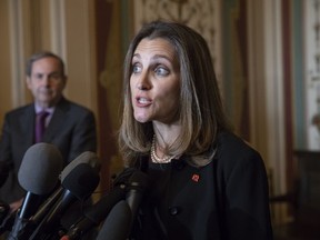 Canadian Minister of Foreign Affairs Chrystia Freeland speaks with reporters after meeting with the U.S. Senate Foreign Relations Committee at the Capitol in Washington, Wednesday, June 13, 2018. Freeland's visit comes after President Donald Trump insulted Canadian Prime Minister Justin Trudeau at the recent Group of Seven summit in Canada, calling him "dishonest" and "weak," after the prime minister spoke against American tariffs on steel and aluminum.