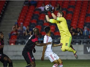 Fury FC goalkeeper Maxime Crépeau leaps in the air to snag the ball during a United Soccer League match against Toronto FC II at TD Place stadium on Wednesday. Steve Kingsman/Freestyle Photography/Ottawa Fury FC