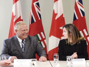 Minister of Foreign Affairs Chrystia Freeland, right, sits for a meeting with Ontario Premier-designate Doug Ford in Toronto, on Thursday, June 14, 2018.