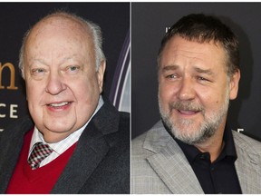 This combination photo shows Roger Ailes at a special screening of "Kingsman: The Secret Service" in New York on Feb. 9, 2015, left, and actor Russell Crowe at the Australian premiere of his movie "The Mummy" in Sydney on May 22, 2017. Crowe will portray Ailes in a new Showtime series about the late Fox News founder. The eight-episode series is based on "The Loudest Voice In The Room" by Gabriel Sherman. (AP Photo)