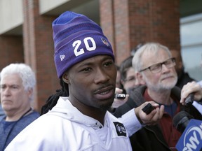 FILE - In this April 24, 2018 file photo, New York Giants' Janoris Jenkins speaks to reporters before an NFL football training camp in East Rutherford, N.J. A body has been found at a New Jersey home where Jenkins lives. The Bergen County prosecutor's office said Tuesday, June 26, the dead man isn't the house's owner.