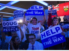 Ontario PC supporters react during the Ontario Provincial election at the Doug Ford election night headquarters in Toronto, on Thursday, June 7, 2018.