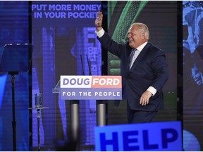 Ontario PC leader Doug Ford reacts after winning the Ontario Provincial election to become the new Premier in Toronto on Thursday, June 7, 2018.