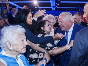 Ontario PC leader Doug Ford greets supporters after winning a majority government in the Ontario Provincial election in Toronto, on Thursday, June 7, 2018.