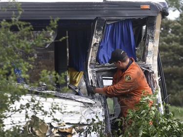 Multiple people have been injured after a passenger bus carrying 30 to 40 crashed into a ditch on Highway 401 near Prescott on Monday June 4, 2018.    Tony Caldwell